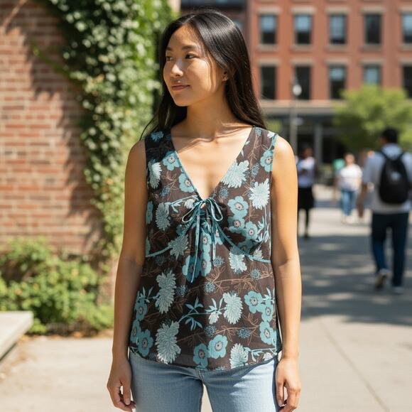 Vintage Y2K 2000s Apt 9 Brown Blue Floral Velvet Tie Chest Seamed Tank Top XL - Picture 1 of 8